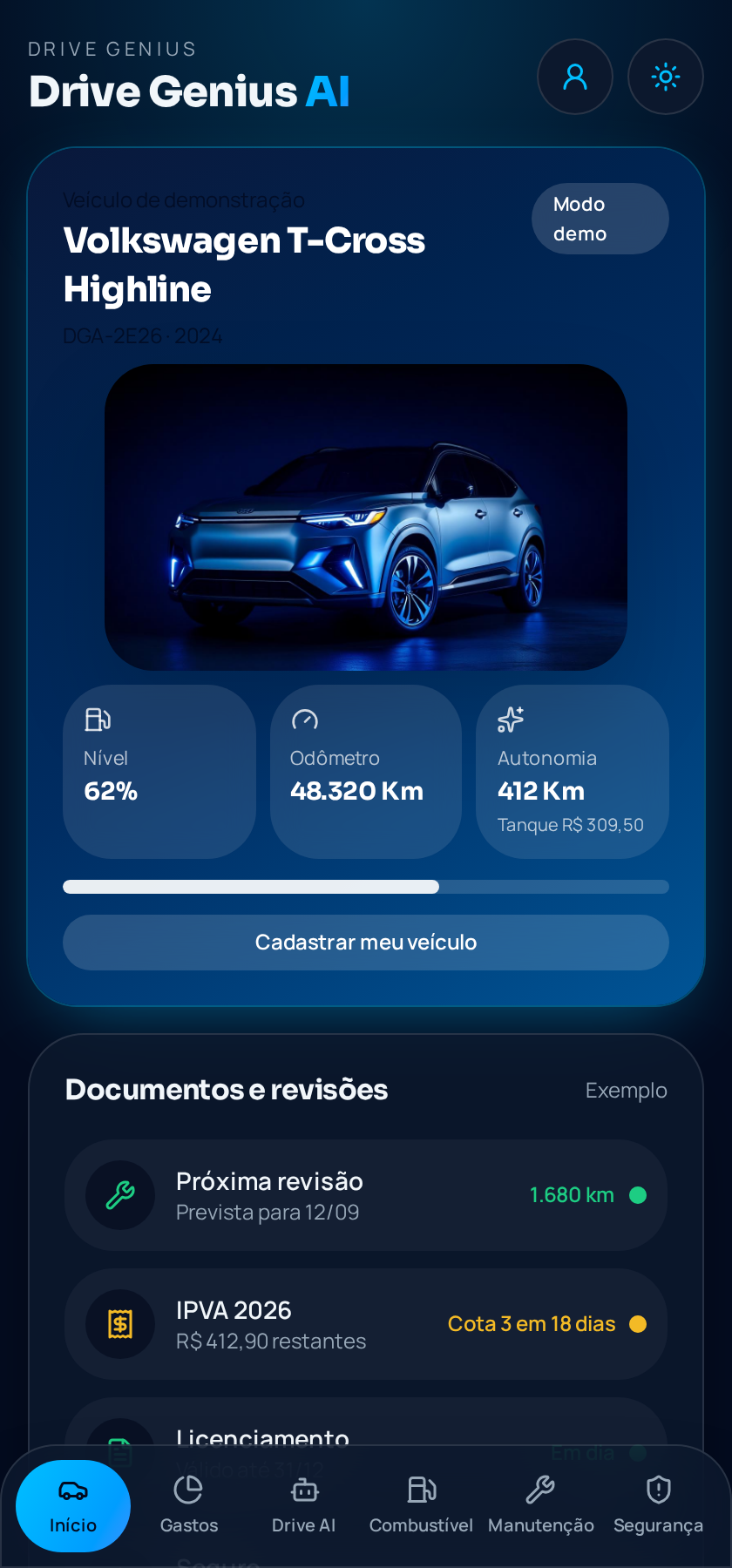 Tela de Painel do veículo do aplicativo Drive Genius